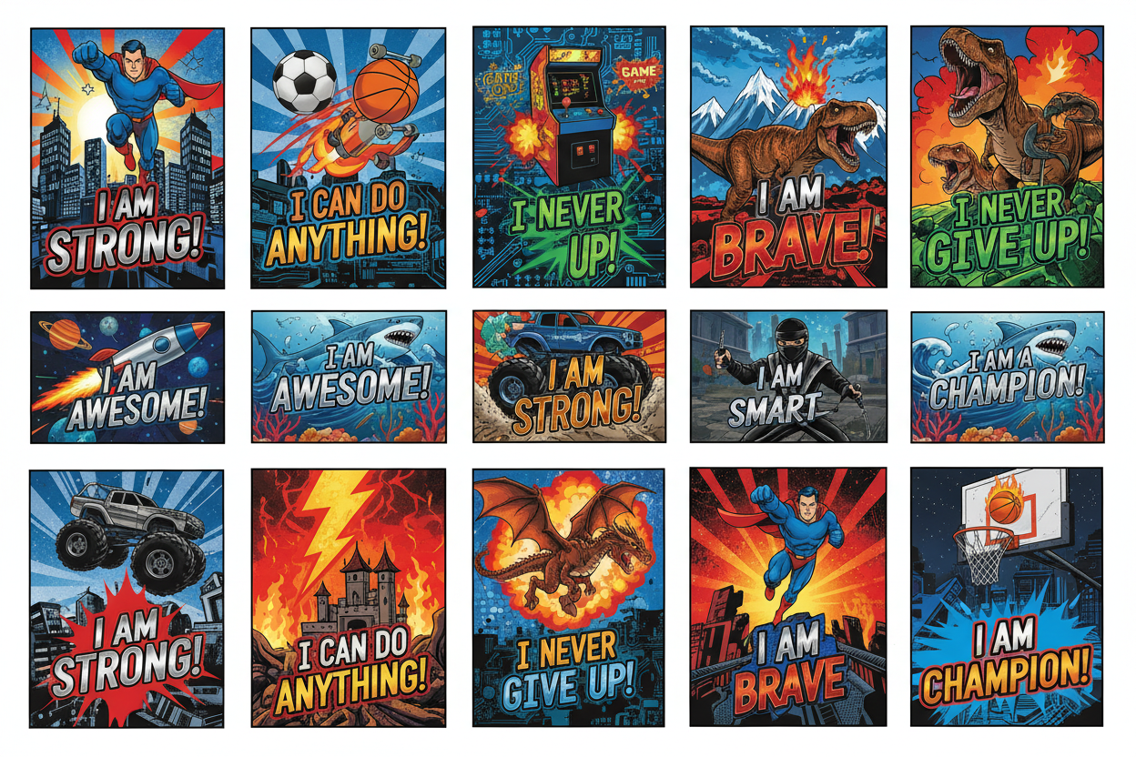 Boys Action Affirmation Cards | 50 Superhero Dinosaur Sports Cards Ages 8-10 | Digital Download — SEL card game for Australian primary school classrooms