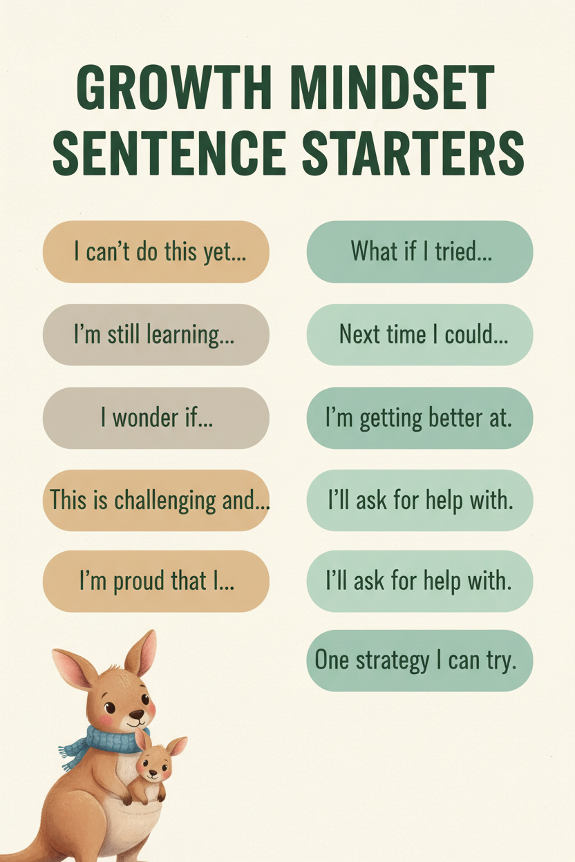 Growth Mindset Sentence Starters — Digital Download Poster — SEL card game for Australian primary school classrooms