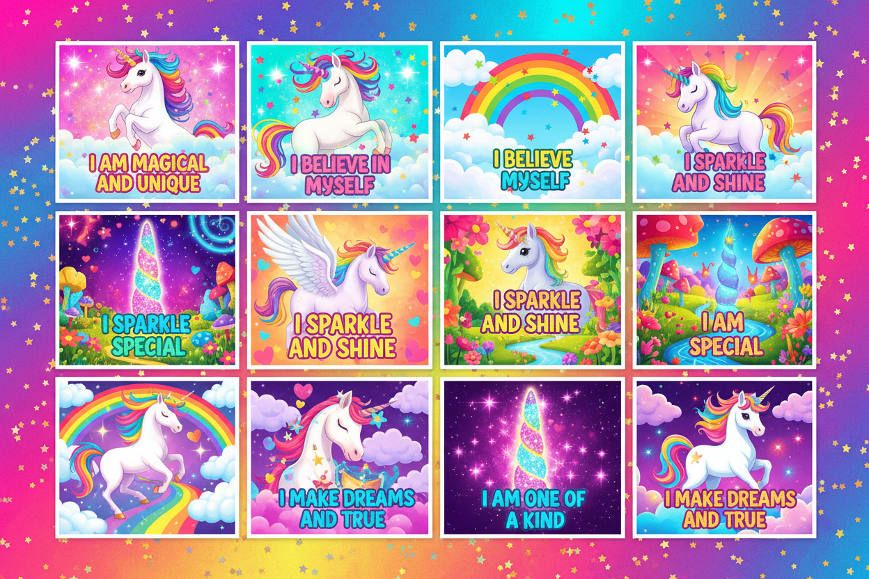 Vibrant Unicorn Affirmation Cards | 18 Magical Rainbow Cards for Girls Ages 5-10 | Digital Download — SEL card game for Australian primary school classrooms